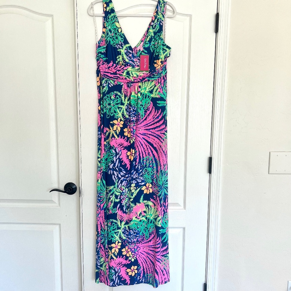 NWT Lilly Pulitzer Sloane Maxi Dress Size XL V-Neck Empire Waist Indigo Aglow